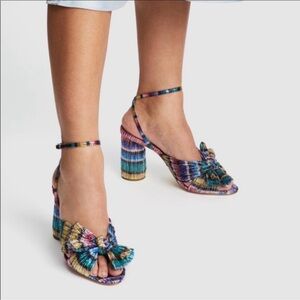 NEW Loeffler Randall Camellia Bow High Heel Sandal Rainbow Metallic Crinkled 8.5